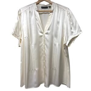 INC International Concepts 100% Silk Blouse Plus Size 16W Cream Short Sleeve Top